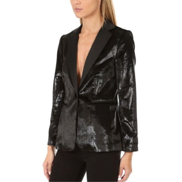FRAME Black Metallic Velvet Satin Single Blazer Jacket Size 2 - Picture 2 of 12